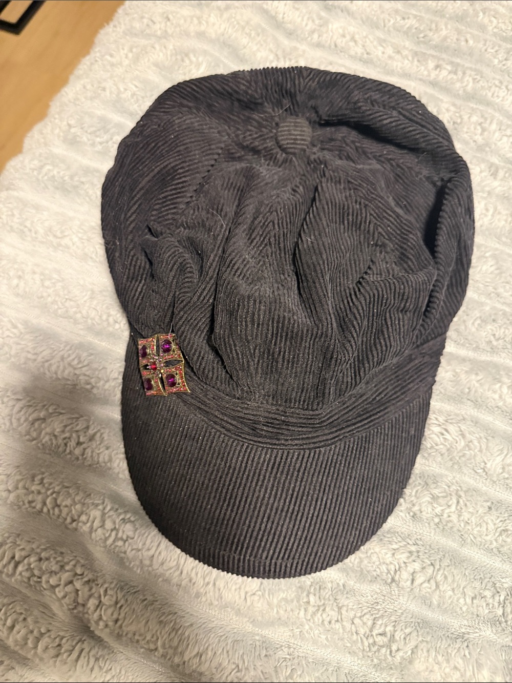 Corduroy Cap with Decorative Brooch - Black